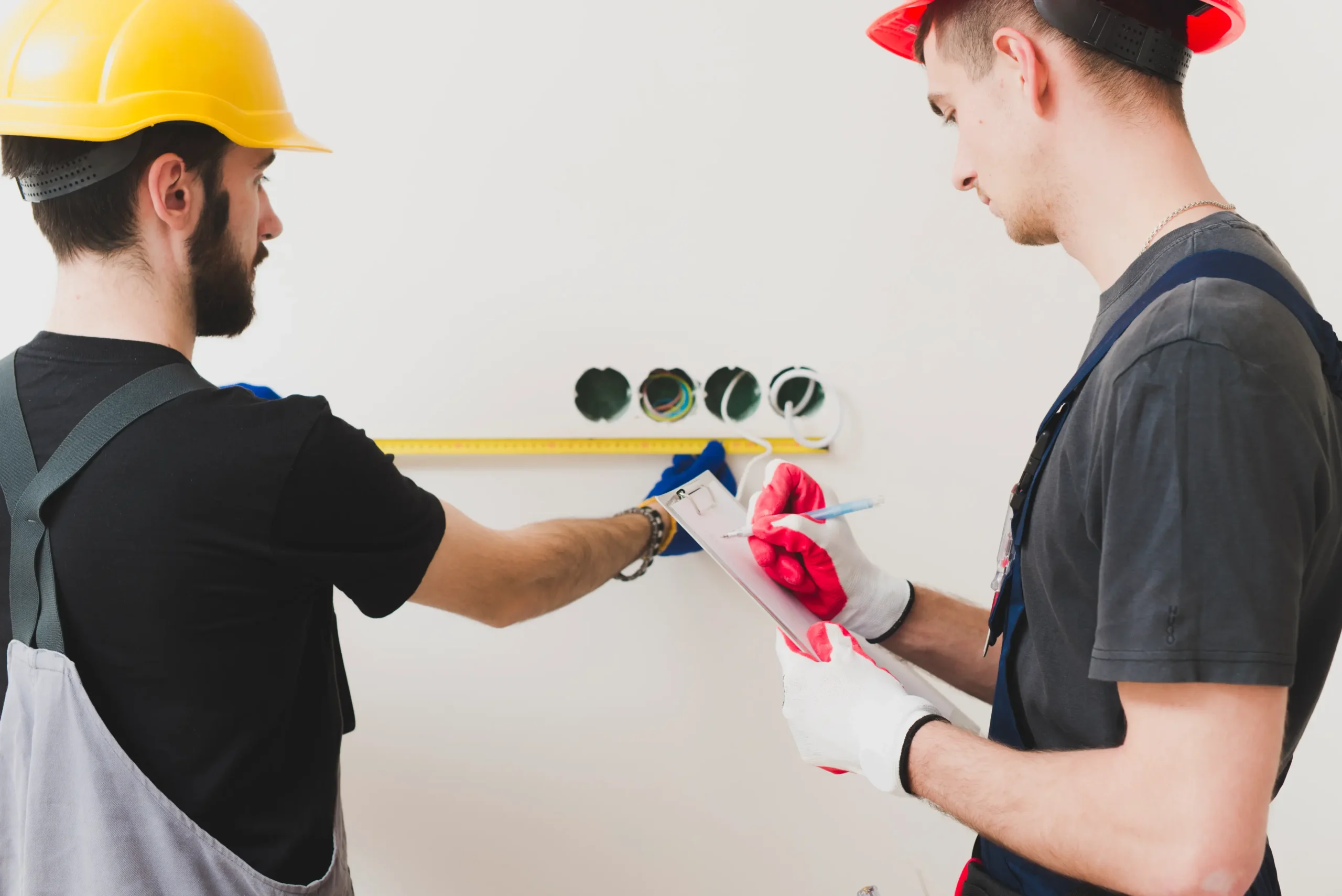 "Professional electricians measuring wall outlet placement during home renovation"